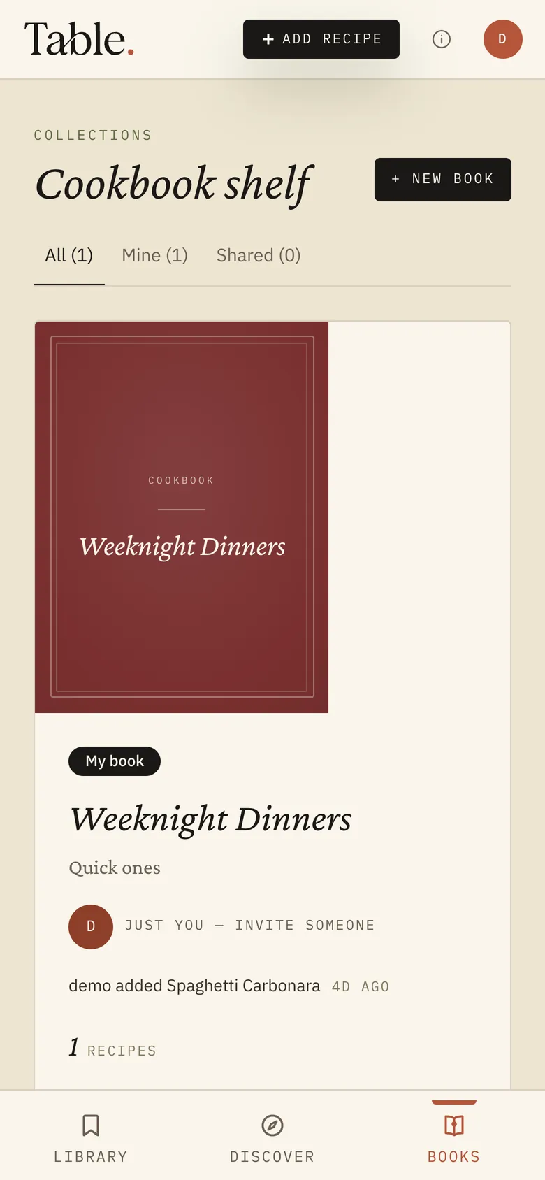 Cookbook shelf with a book called Weeknight Dinners