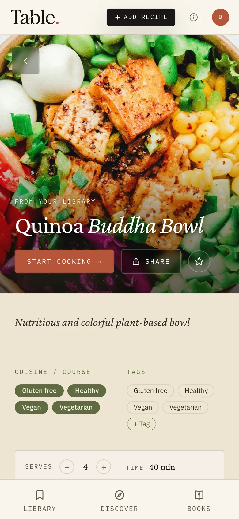 Table on iPhone: a Quinoa Buddha Bowl recipe set like a magazine page, with a full-bleed photo and Start cooking button