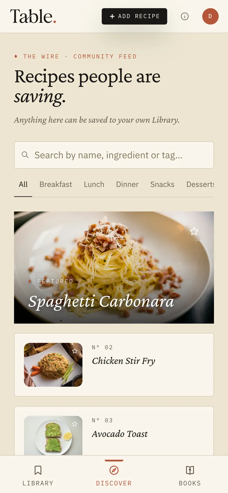 Discover feed: Recipes people are saving, with Spaghetti Carbonara featured