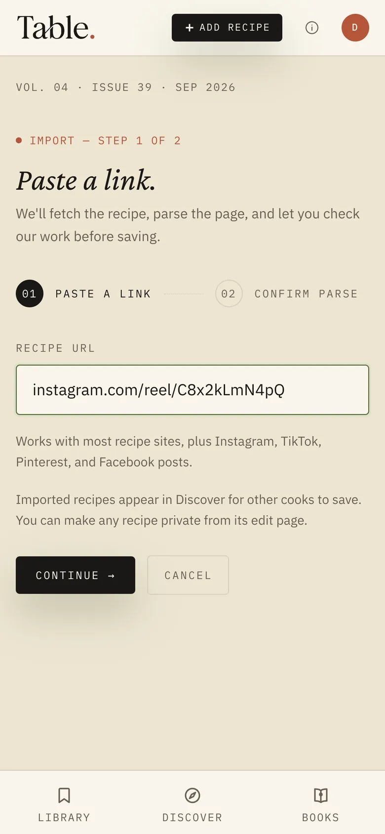 Import screen with an Instagram Reel link, ready to be turned into a recipe