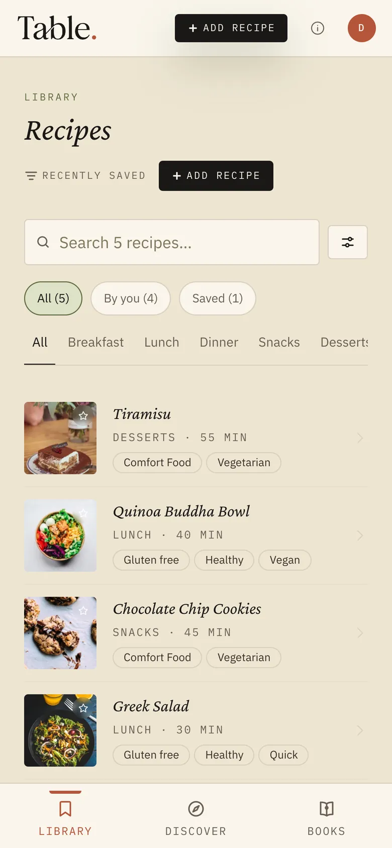 Recipe library with search, course tabs and tags on every recipe