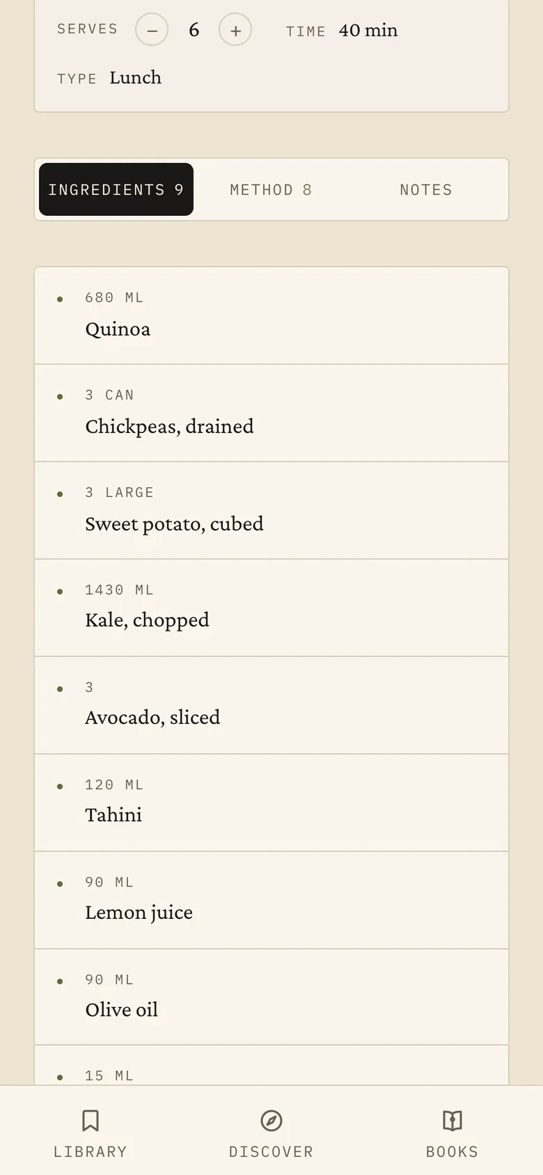 Quinoa Buddha Bowl scaled to 6 servings, with every ingredient quantity recalculated