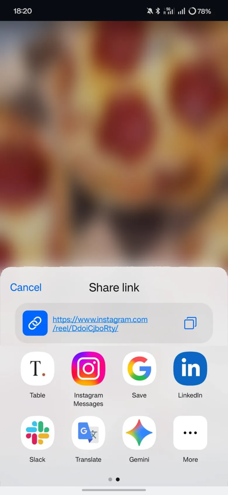 Instagram's share sheet on a phone, with Table as the first app to share the Reel to
