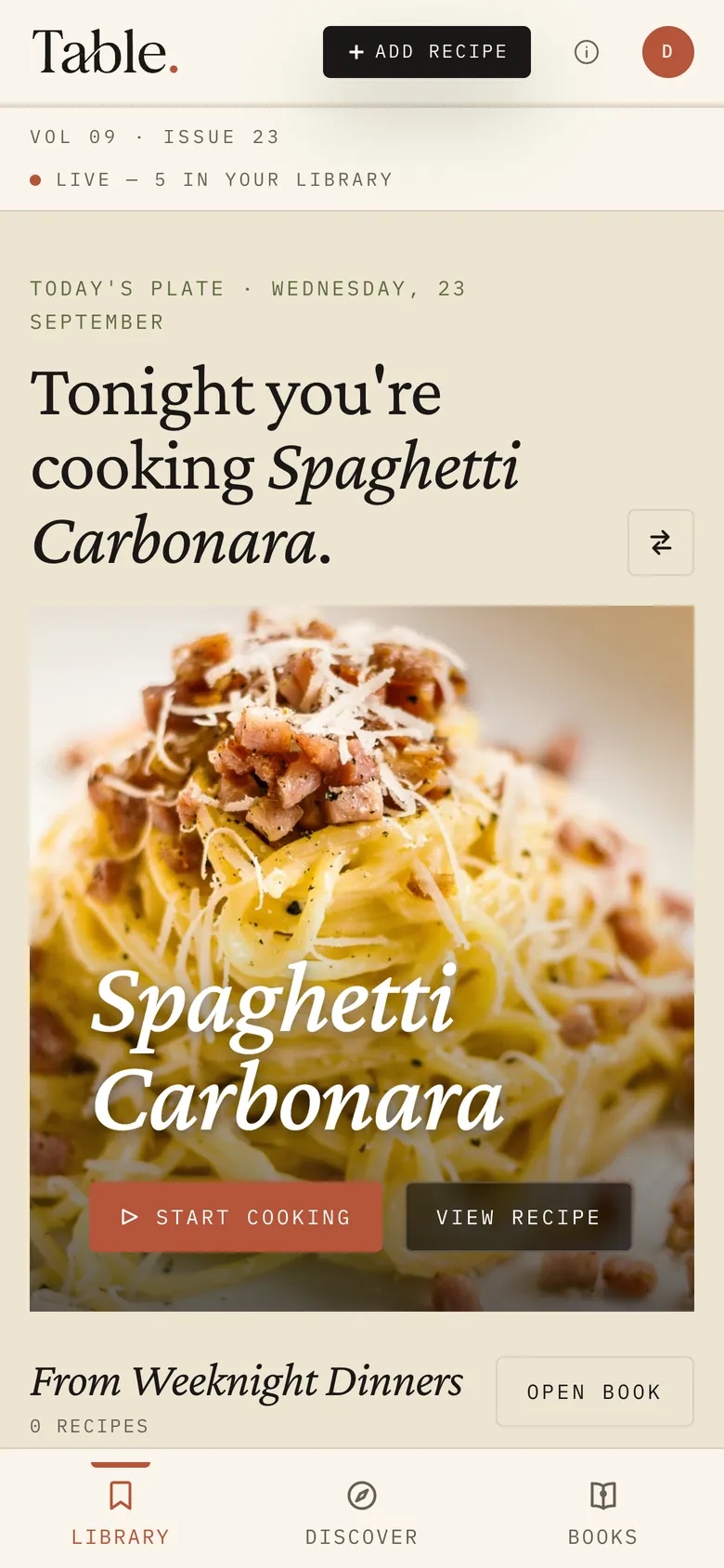 Table's home screen: Tonight you're cooking Spaghetti Carbonara, with a swap button