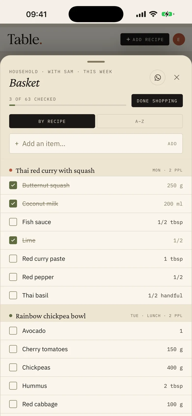 The grocery basket, shared with Sam: ingredients grouped by recipe, some already ticked off, with a Done shopping button