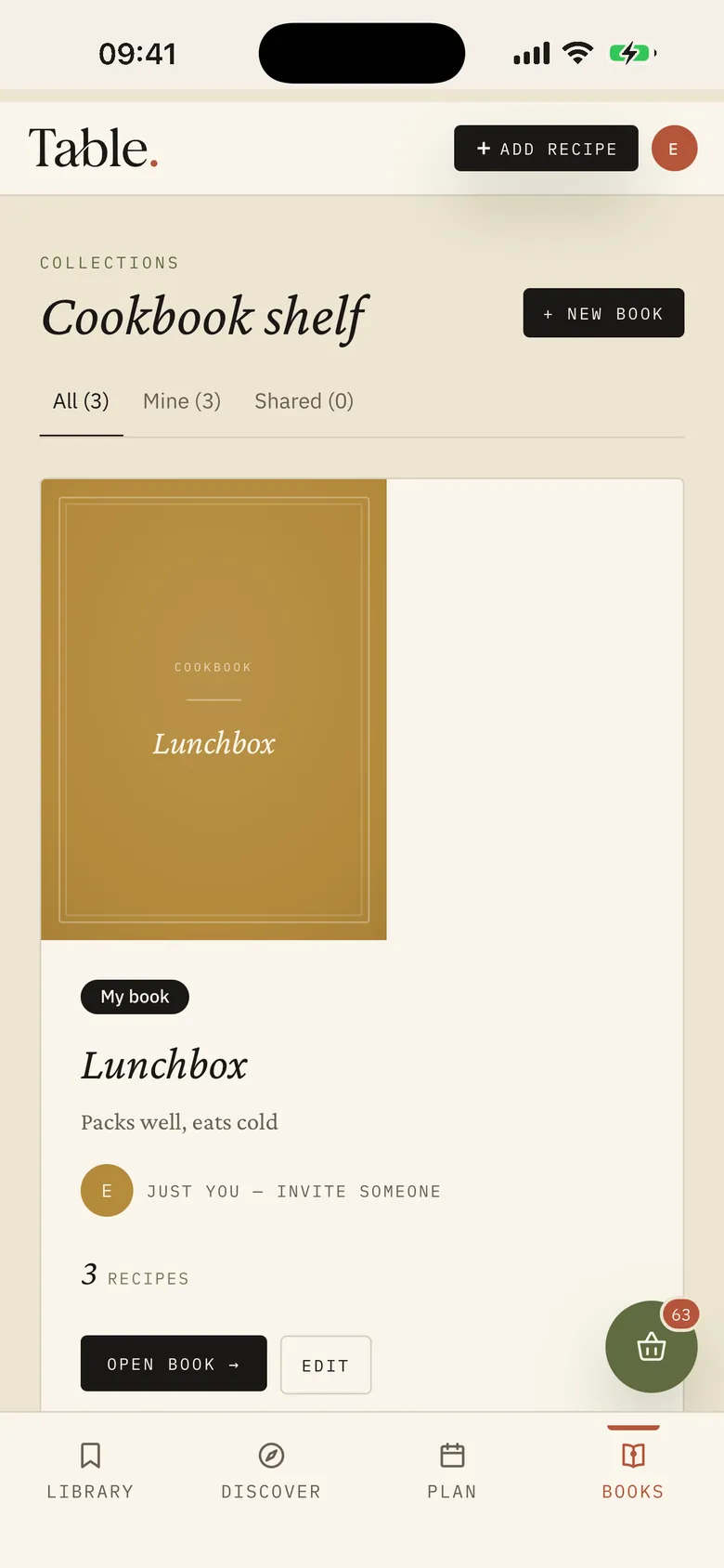 Cookbook shelf with a book called Lunchbox