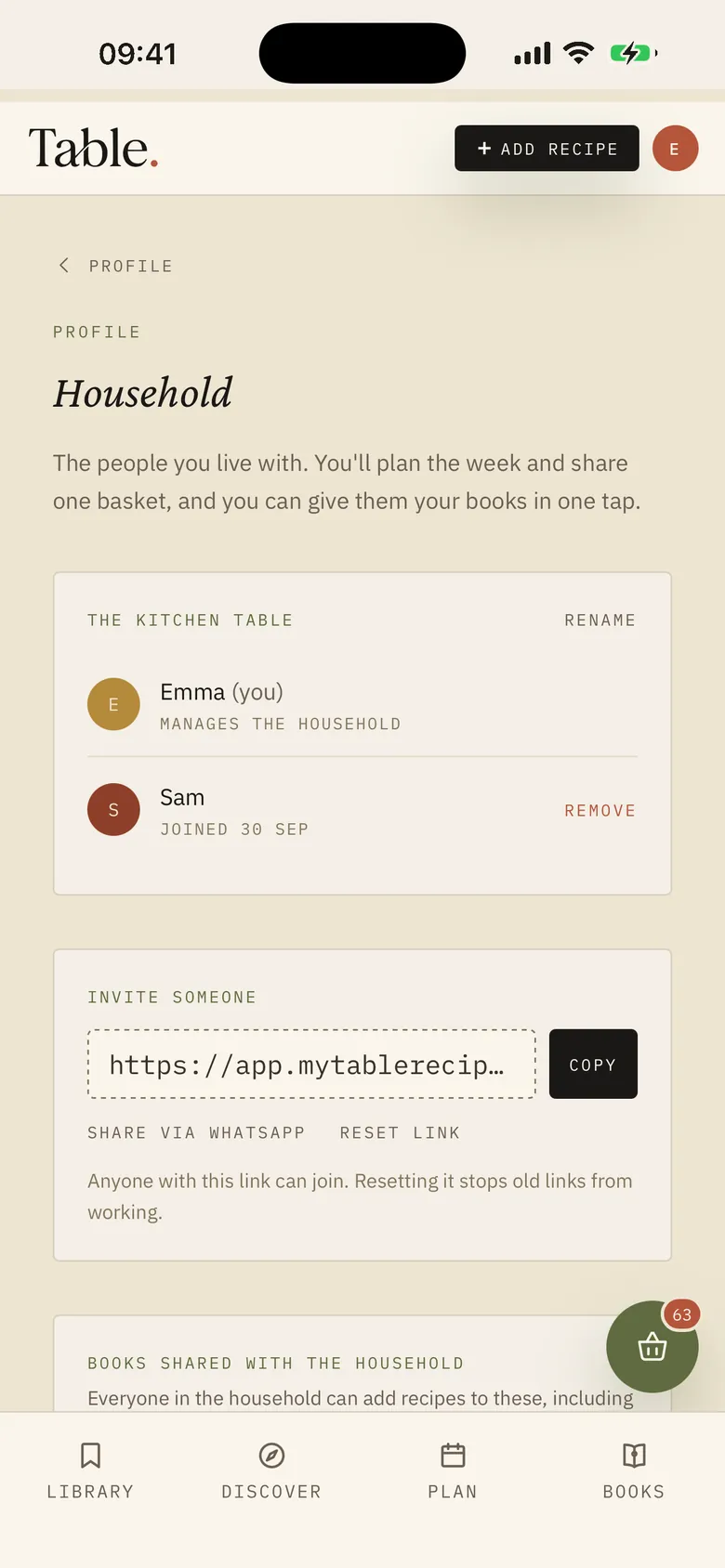 Household settings: Emma and Sam in The Kitchen Table, with an invite link to share via WhatsApp