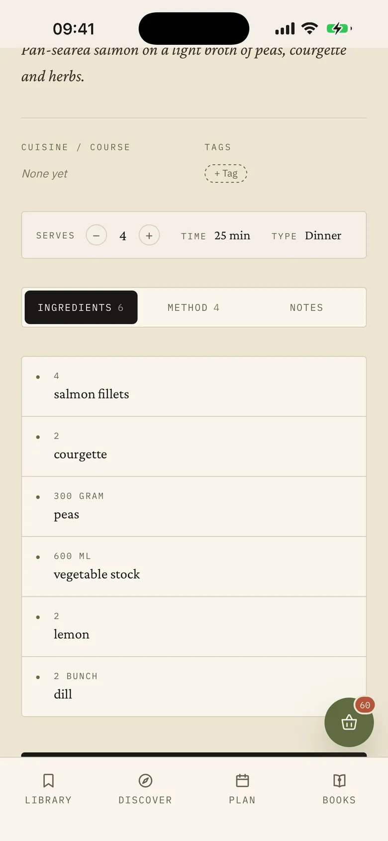 A recipe's ingredients tab with a servings control, cooking time and every quantity listed