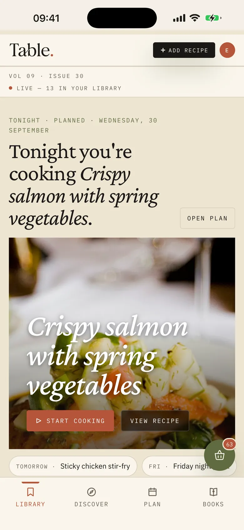 Table's home screen: Tonight you're cooking Crispy salmon with spring vegetables, with tomorrow's and Friday's dinners below