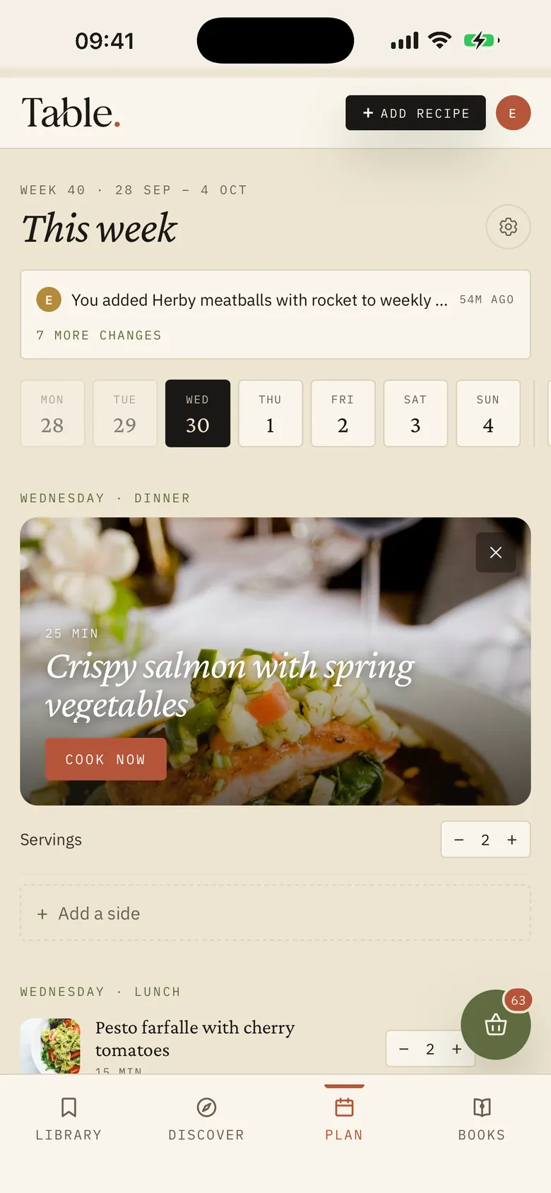 The Plan tab: this week's day strip, Wednesday's dinner of Crispy salmon with spring vegetables, servings and lunch below
