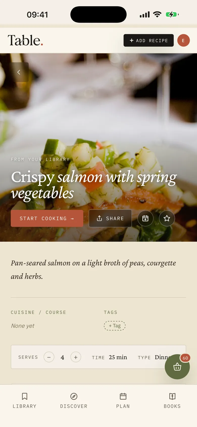 Table on iPhone: a Crispy salmon with spring vegetables recipe set like a magazine page, with Start cooking, Share and Add to plan buttons